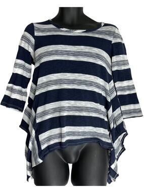 Buttons Tunic Top M Blue White Striped Lightweight Made in USA Preppy PILLING